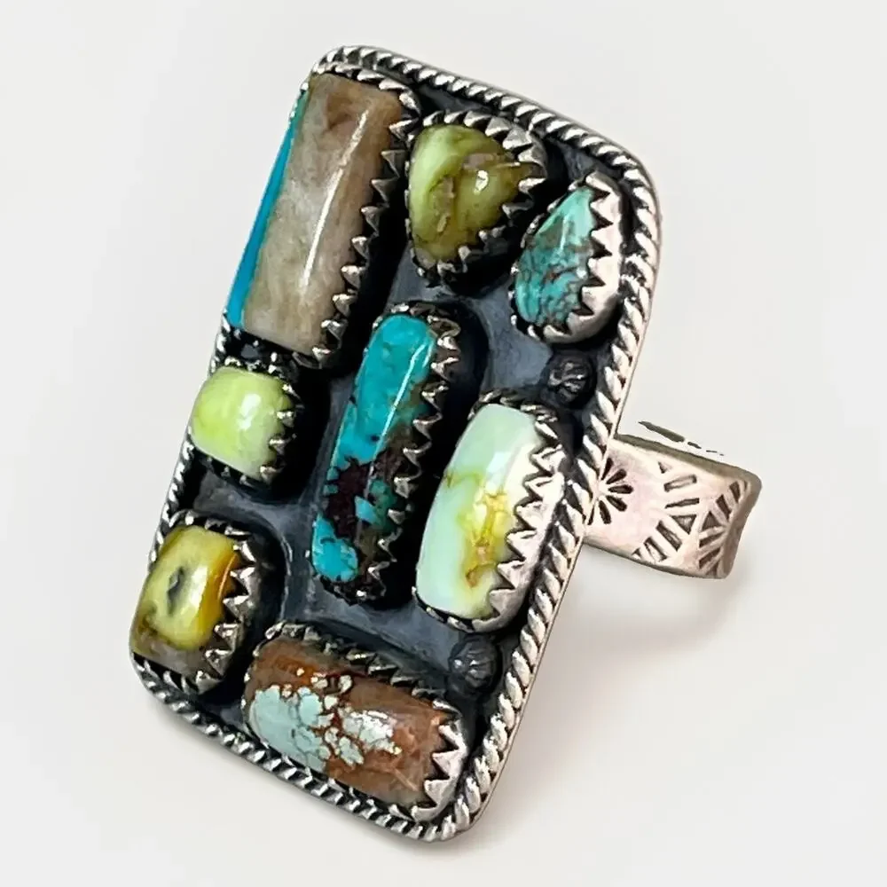 Sterling Silver Multi Turquoise Variscite Cobblestone Cluster Ring Southwestern